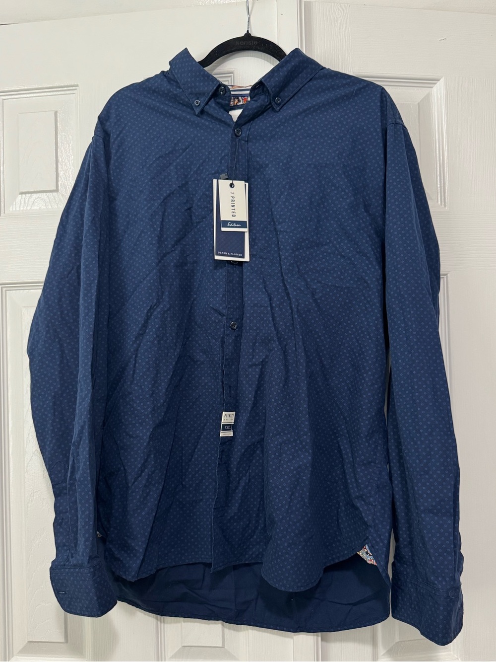 Denim & Flower Men's Navy Button-Down Shirt with Subtle Dot Print